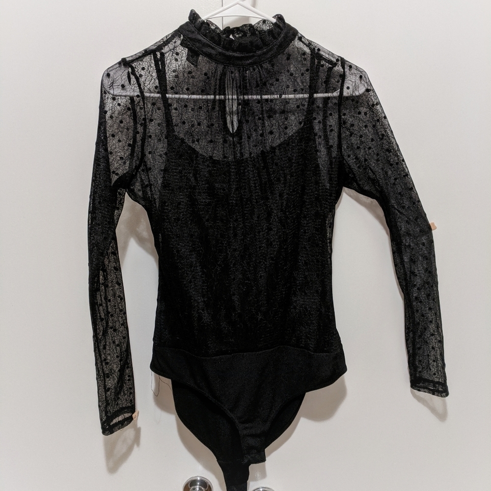 Black Lace Bodysuit- high neck collar